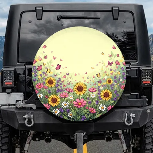 Pink Cosmos Purple Bellflower Yellow Sunflower White Daisy Garden Butterflies - Nature Lover Gift Spare Tire Cover