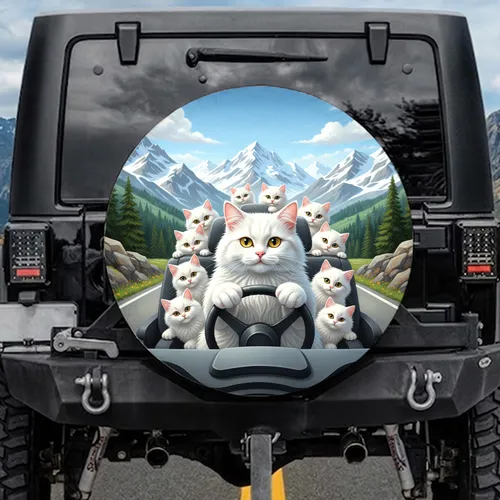 White Cats Steering Wheel Mountain Road - Adventure Journey Gift for Cat Lover Spare Tire Cover
