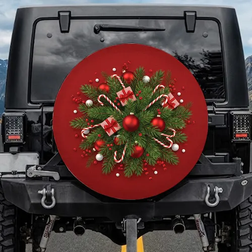 Festive Christmas Pine Boughs Candy Canes Ornaments Gift Boxes - Holiday Season Decor Spare Tire Cover