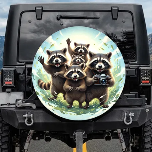 Joyful Interacting Raccoons Vintage Camera Outdoor Adventure - Wildlife Lover Gift Spare Tire Cover