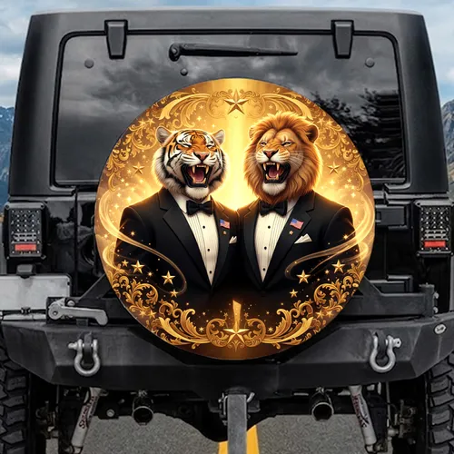 Laughing Tiger Lion Tuxedos American Flag Pins - Independence Day Gift Spare Tire Cover