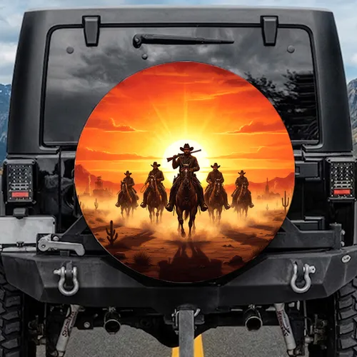 Four Cowboys Horseback Dusty Western Desert Sunset - Western Film Fan Gift Spare Tire Cover