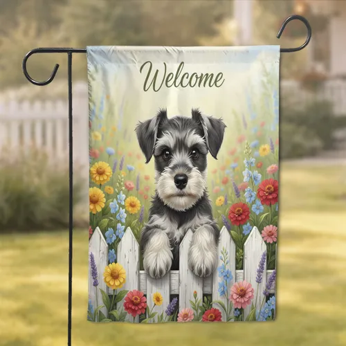 Miniature Schnauzer Puppy Picket Fence Welcome Wildflowers - Home Decor Gift for Schnauzer Lover Garden Flag