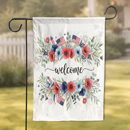 Welcome Patriotic Floral American Flag - Fourth of July Home Decor Garden Flag