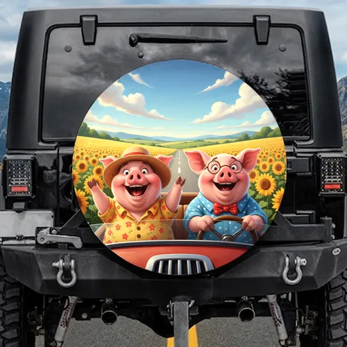Pigs Vintage Car Sunflowers Road - Road Trip Travel Essentials Pig Lover Gift Spare Tire Cover