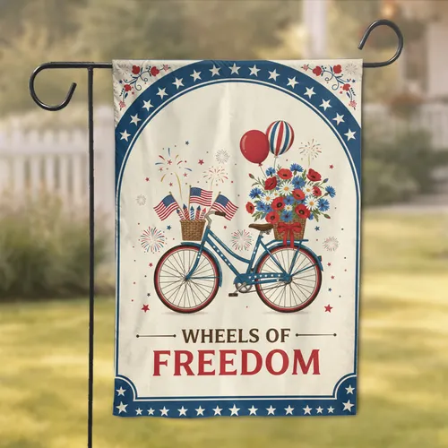WHEELS OF FREEDOM Vintage American Bicycle Patriotic Wildflowers - Independence Day Gift Garden Flag