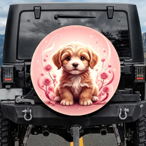 Fluffy Light Brown Puppy Dark Eyes Rose Pink Field Dog Lover Home Decor Gift Spare Tire Cover