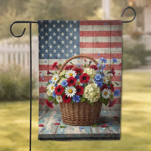 Rustic Wicker Petunia Daisy Basket American Flag Patriotic Home Decor Garden Flag