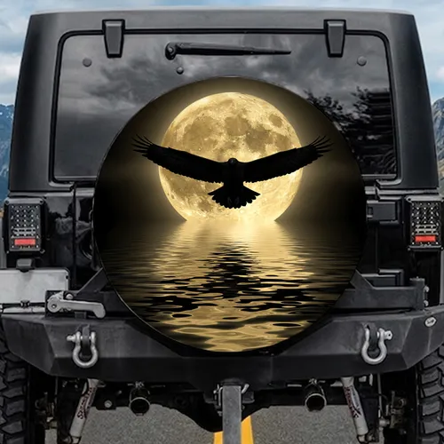 Soaring Eagle Silhouette Golden Full Moon Water Reflection - Outdoor Enthusiast Gift Spare Tire Cover