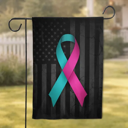 Teal Pink Awareness Ribbon Distressed American Flag Patriotic Strength Decor Garden Flag