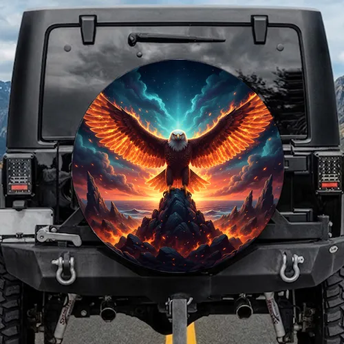Fierce Eagle Blazing Fire Wings Mountain Jagged Rock Twilight Sky - Adventure Seeker Gift Spare Tire Cover