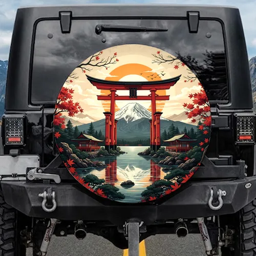 Mount Fuji Torii Gate Japanese Temple Sunset Autumn - Traveler Gift for Japan Lovers Spare Tire Cover