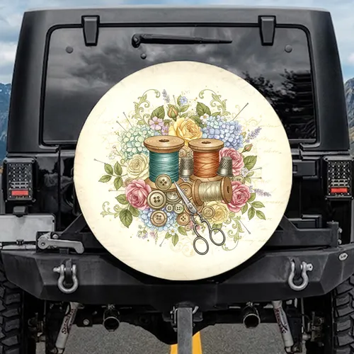 Vintage Sewing Notions Floral - Crafter Home Decor Gift Spare Tire Cover