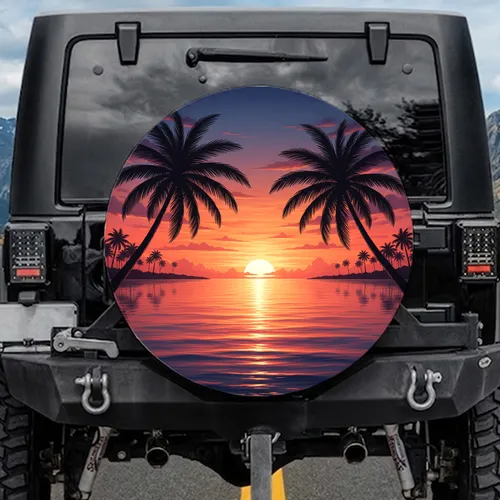 Palm Tree Silhouettes Tropical Ocean Sunset Shimmering Light - Road Trip Essentials Spare Tire Cover