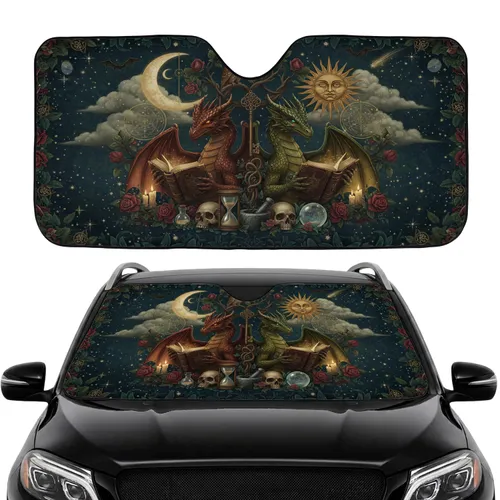 Dragons Arcane Spellbooks Moon Sun Key Owl - Car Interior Upgrade Mystic Lover Gift Car Sunshade