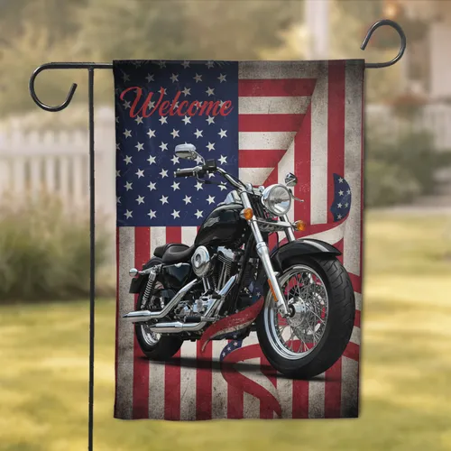 Distressed American Flag Motorcycle Welcome - Patriotic Home Decor for Motorcycle Lovers Garden Flag
