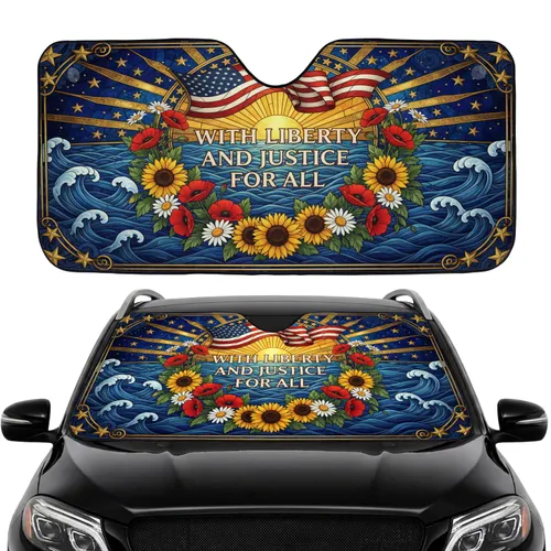 'Liberty Justice For All' Flag Rising Sun Poppies - Patriotic Car Upgrade Car Sunshade