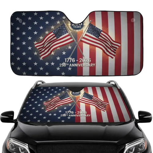 Crossed American Flags 1776-2026 USA 250th Anniversary Road Trip Gift Car Sunshade
