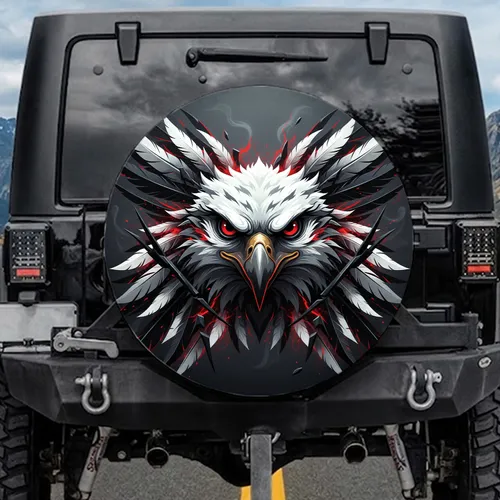 Charcoal Grey Eagle Red Eyes Grey Beak White Feathers - Wildlife Lover Gift Spare Tire Cover