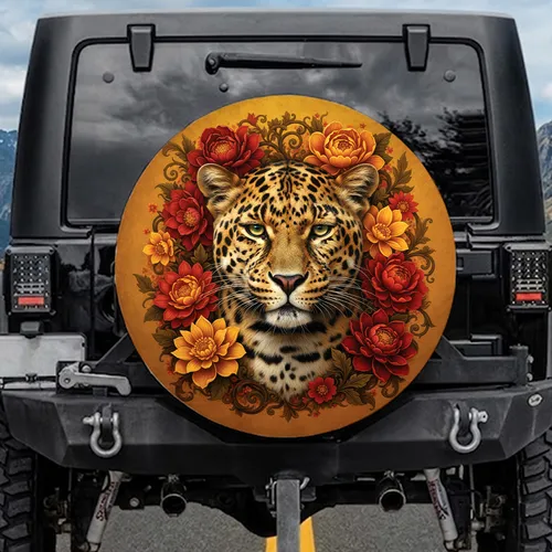 Realistic Leopard Orange Red Floral Tendrils - Wildlife Lover Gift Spare Tire Cover