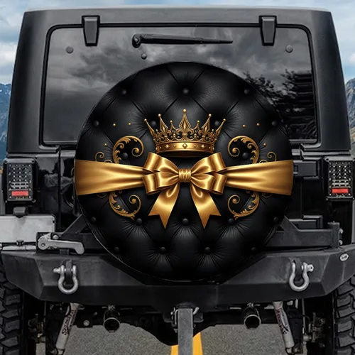Crown Satin Bow Tufted Black Leather Studs Ribbon - Car Decor Gift Spare Tire Cover