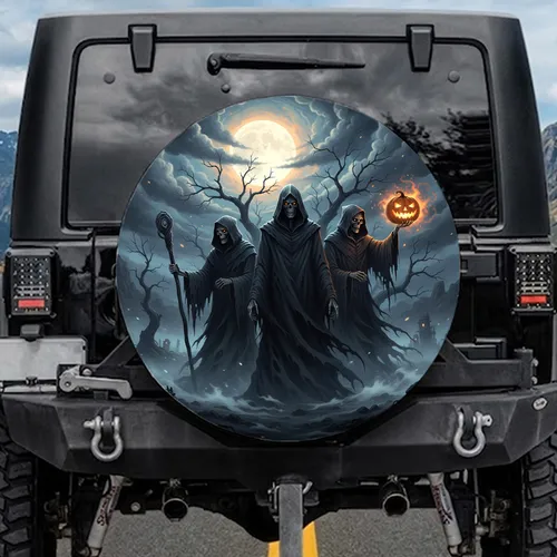 Grim Reaper Jack-o'-Lantern Stormy Moonlit Sky - Gothic Halloween Decor Spare Tire Cover