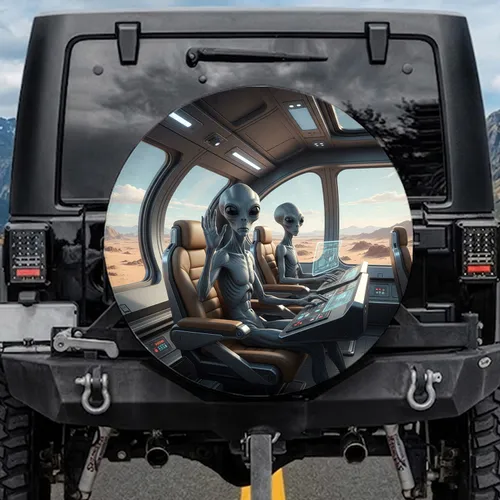 Realistic Grey Aliens Futuristic Cabin Desert - Outer Space Adventure Gift Spare Tire Cover