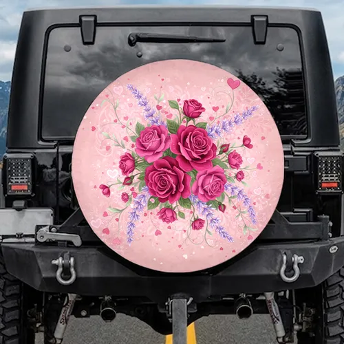 Fuchsia Rose Pink Lavender Flowers Pastel Hearts Vines - Home Decor Gift Spare Tire Cover