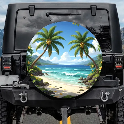 Palm Trees White Sand Beach Turquoise Ocean Tropical Mountains Sky - Outdoor Adventure Gift Spare Tire Cover
