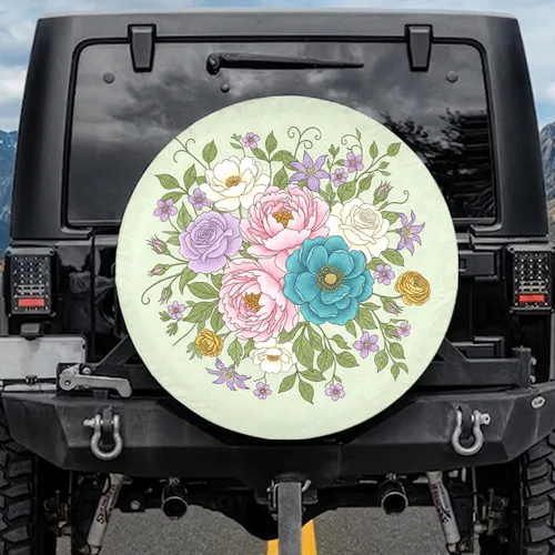 Teal Blue Peonies Lavender Roses Creamy White Floral Cluster - Botanical Decor Floral Lover Gift Spare Tire Cover