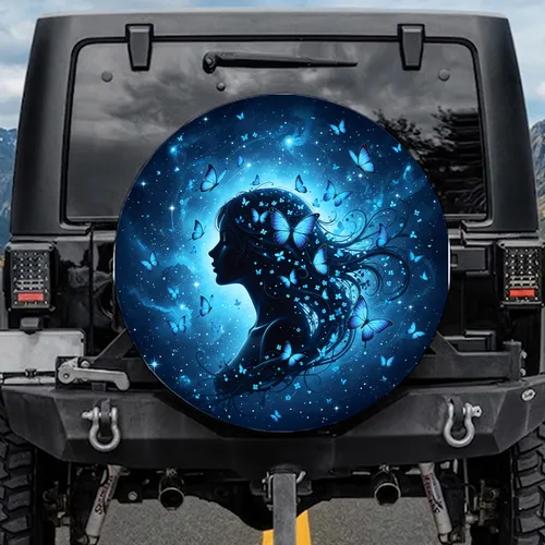 Ethereal Woman Silhouette Blue Butterflies Cosmic Night Sky - Fantasy Lover Gift Spare Tire Cover