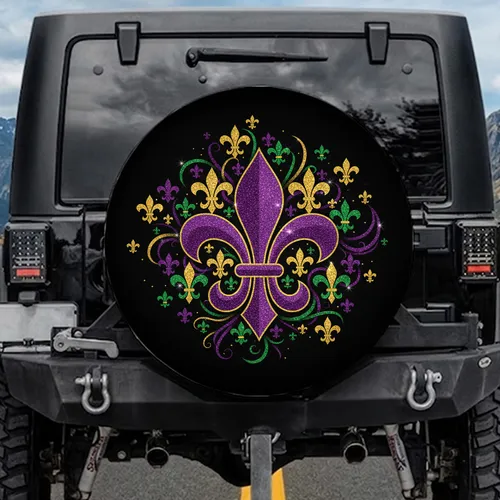Ornate Shimmering Gold Purple Green Glitter Fleur de Lis - Luxury Home Decor Gift Spare Tire Cover