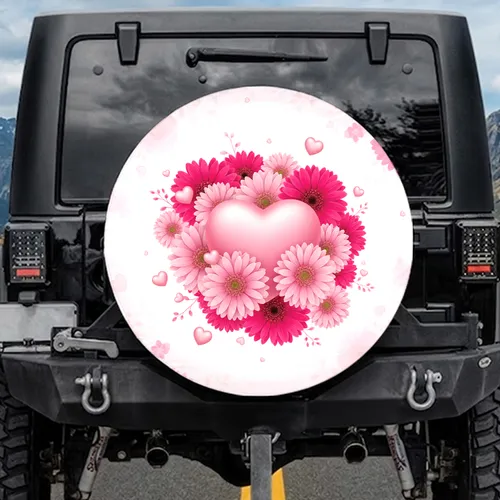 Fuchsia Pink Heart Gerbera Daisy Floral Blooms - Everyday Vehicle Decor Spare Tire Cover