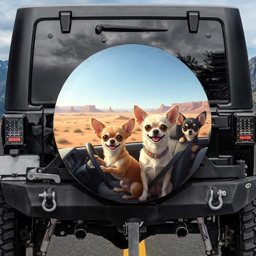 Four Chihuahua Dogs Driving Desert Vehicle - Road Trip Essentials for Dog Owners Spare Tire Cover