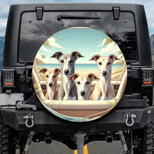 Realistic Greyhound Dogs Beach Scene - Coastal Travel Gift for Dog Owners Spare Tire Cover