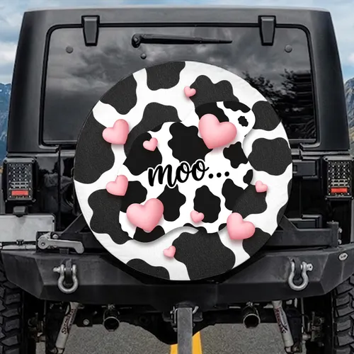 Black White Cowhide Pink Hearts Moo - Farmhouse Decor Gift for Cow Lover Spare Tire Cover