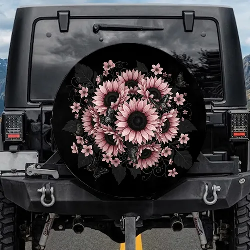Pink Sunflowers Dark Butterflies Black Shadowy Botanical Garden - Home Decor Gift Spare Tire Cover