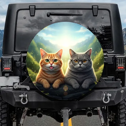 Orange Tabby Grey British Shorthair Cats with Glasses - Cat Lover Gift Spare Tire Cover