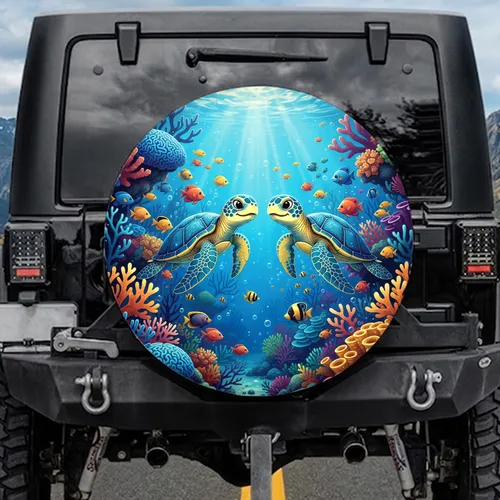 Smiling Sea Turtles Tropical Fish Coral Reef - Ocean Life Lover Gift Spare Tire Cover