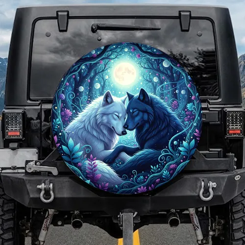 White & Indigo Wolves Enchanted Night Forest Full Moon - Wildlife Lover Gift Spare Tire Cover