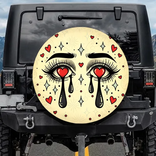 Human Eyes Red Heart Pupils Teardrops - Travel Essentials Tattoo Art Lover Gift Spare Tire Cover
