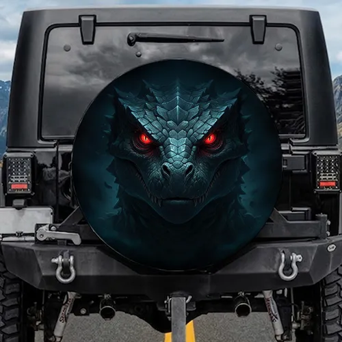 Fearsome Scaly Dragon Face Glowing Red Eyes Mist - Fantasy Lover Gift Spare Tire Cover
