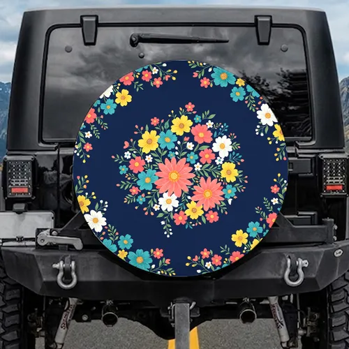 Large Coral Pink Daisies Yellow Blossoms White Flowers Teal Blue Leaves - Car Decor Gift Spare Tire Cover