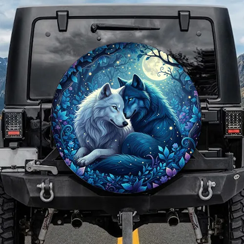 White Blue Wolves Intertwined Fantasy Foliage Full Moon Enchanted Forest Wildlife Gift Spare Tire Cover