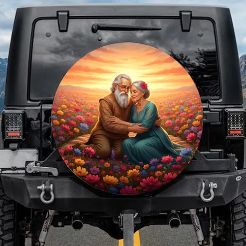Embracing Couple Wildflower Field Sunset - Anniversary Gift for Grandparents Spare Tire Cover