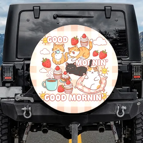 Good Mornin' Cartoon Cats Strawberries Coffee Cupcakes - Everyday Travel Gift Spare Tire Cover