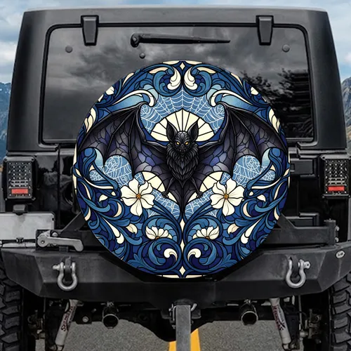 Dark Bat Spiderweb Stained Glass - Art Nouveau Gothic Wildlife Decor Gift Spare Tire Cover
