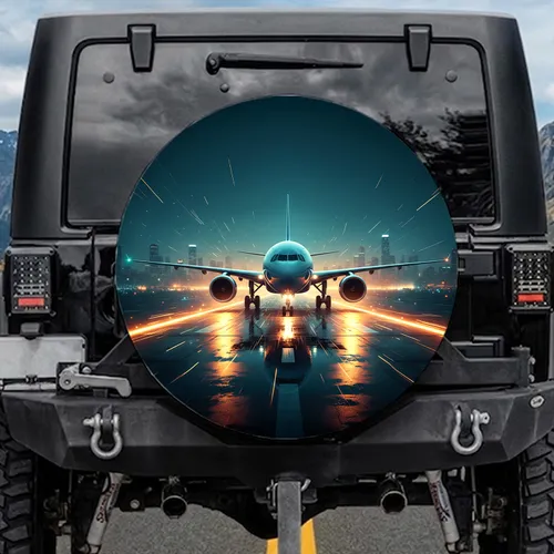 Modern Passenger Airplane Wet Runway - Travel Essentials Gift for Aviation Lovers Spare Tire Cover
