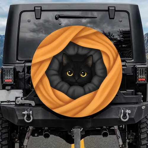 Black Cat Peeking Yellow-Gold Eyes Warm Orange Fabric - Cat Lover Vehicle Accessory Gift Spare Tire Cover