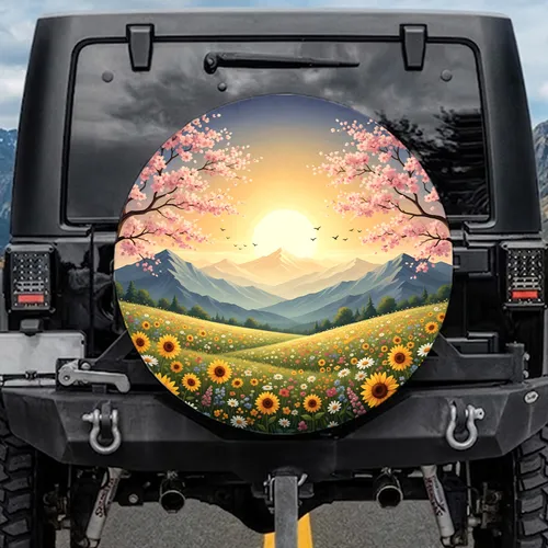 Luminous Sun Mountain Wildflower Cherry Blossom - Travel Essentials Gift Spare Tire Cover